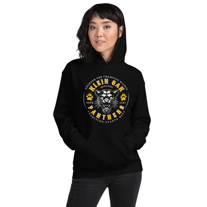 Woman wearing Klein Oak High School Panthers Black Classic Unisex Hoodie 214