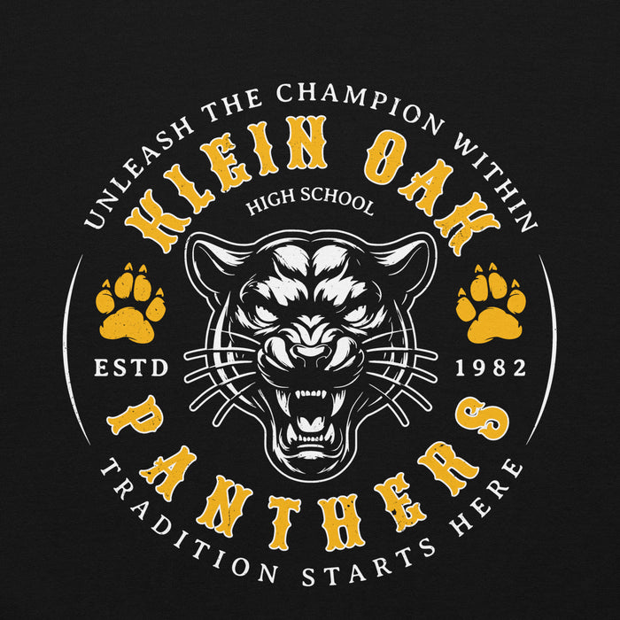 Close-up view of Klein Oak High School Panthers Black Classic Unisex Hoodie 214