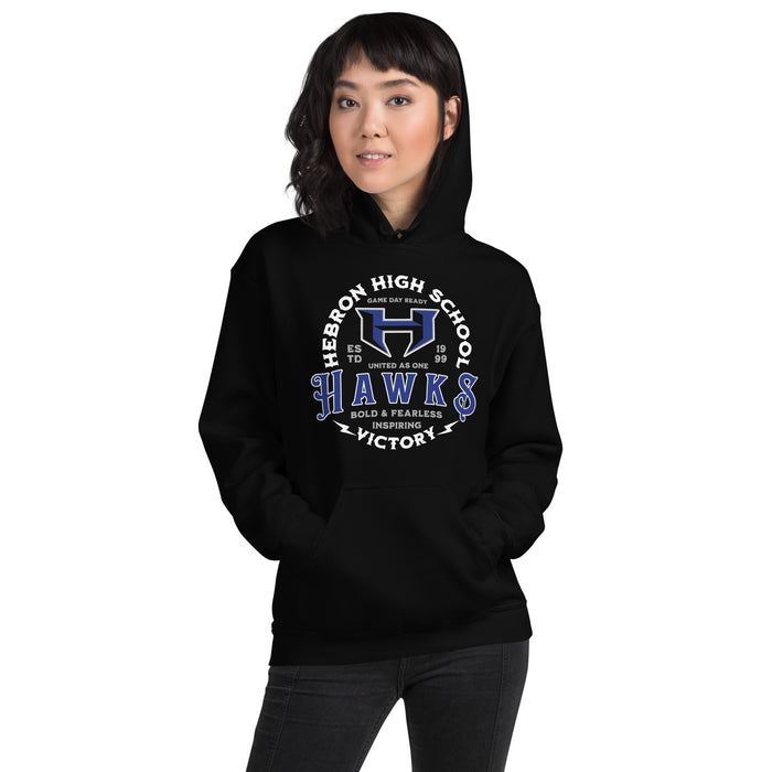 Woman wearing Hebron High School Hawks Black Classic Unisex Hoodie 206