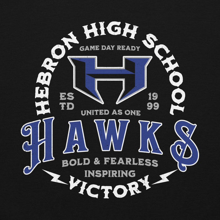 Close-up view of Hebron High School Hawks Black Classic Unisex Hoodie 206
