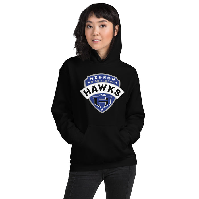 Woman wearing Hebron High School Hawks Black Classic Unisex Hoodie 221
