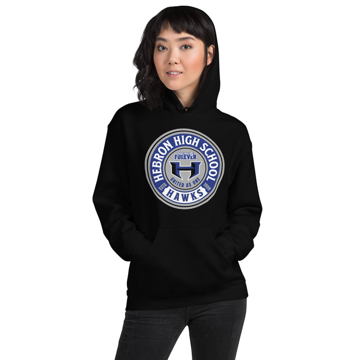 Woman wearing Hebron High School Hawks Black Classic Unisex Hoodie 220