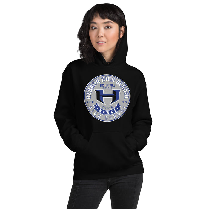 Woman wearing Hebron High School Hawks Black Classic Unisex Hoodie 215
