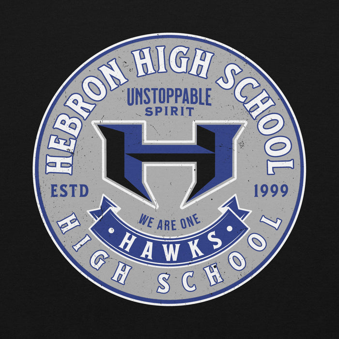 Close-up view of Hebron High School Hawks Black Classic Unisex Hoodie 215