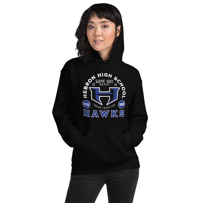 Woman wearing Hebron High School Hawks Black Classic Unisex Hoodie 208