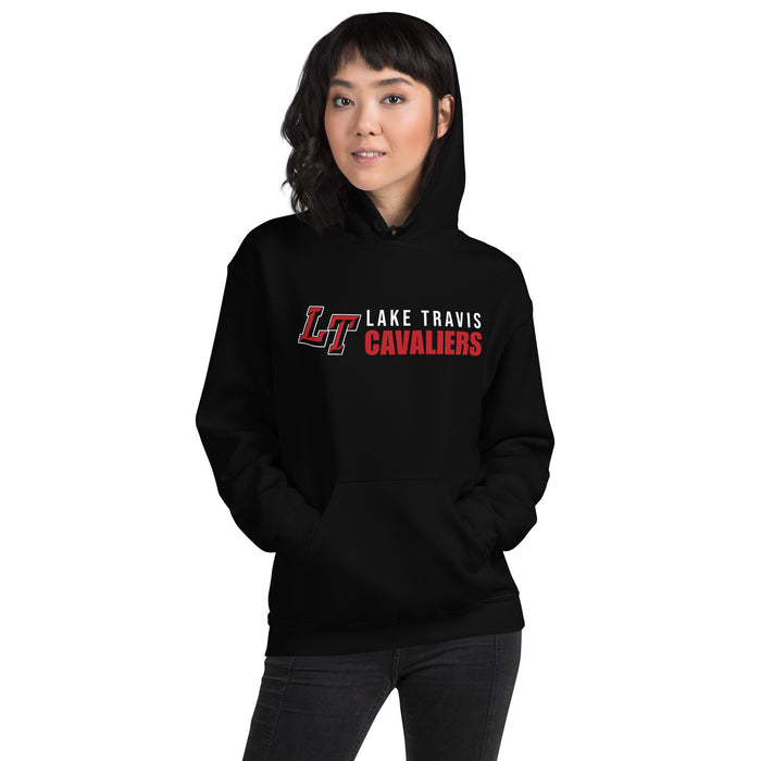 Woman wearing Lake Travis High School Cavaliers Black Classic Unisex Hoodie 200
