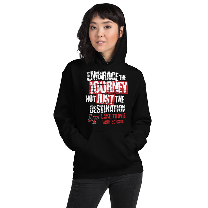 Woman wearing Lake Travis High School Cavaliers Black Classic Unisex Hoodie 232
