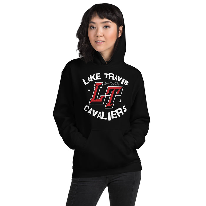 Woman wearing Lake Travis High School Cavaliers Black Classic Unisex Hoodie 224