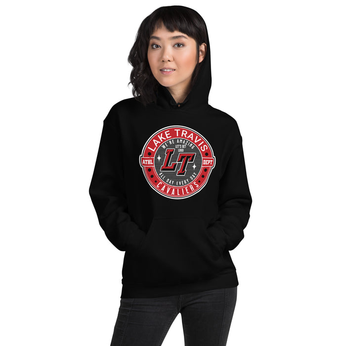 Woman wearing Lake Travis High School Cavaliers Black Classic Unisex Hoodie 224
