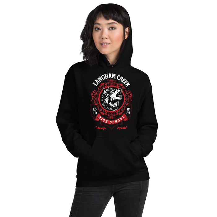 Woman wearing Langham Creek High School Lobos Black Classic Unisex Hoodie 227