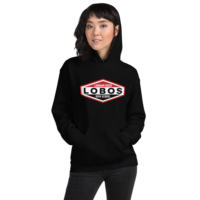 Woman wearing Langham Creek High School Lobos Black Classic Unisex Hoodie 009