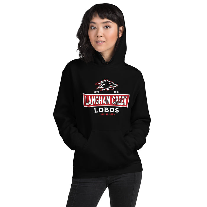 Woman wearing Langham Creek High School Lobos Black Classic Unisex Hoodie 202