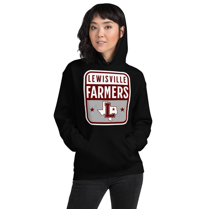 Woman wearing Lewisville High School Farmers Black Classic Unisex Hoodie 001