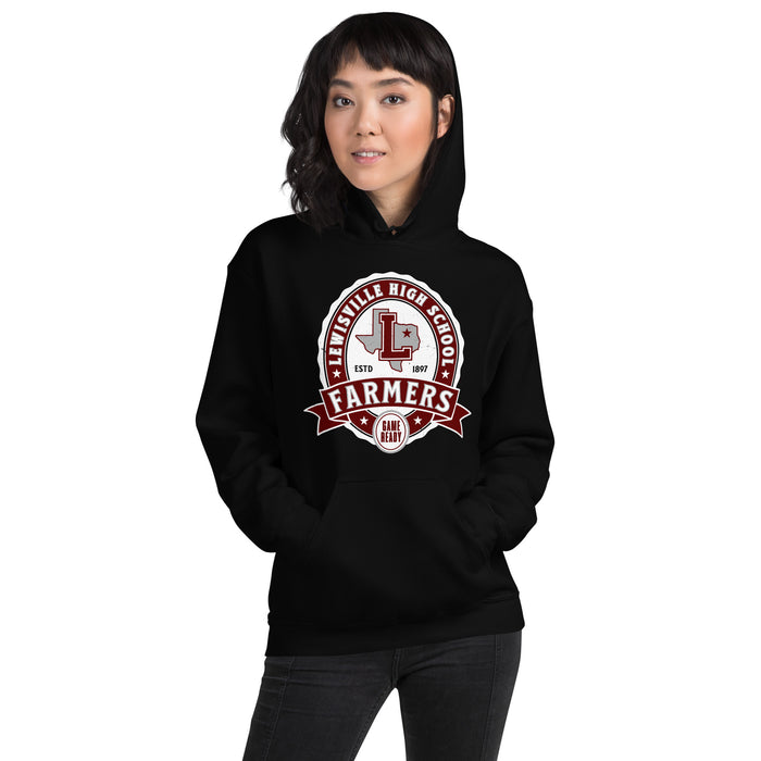 Woman wearing Lewisville High School Farmers Black Classic Unisex Hoodie 212