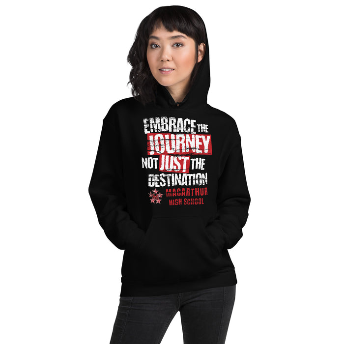 Woman wearing MacArthur High School Generals Black Classic Unisex Hoodie 232