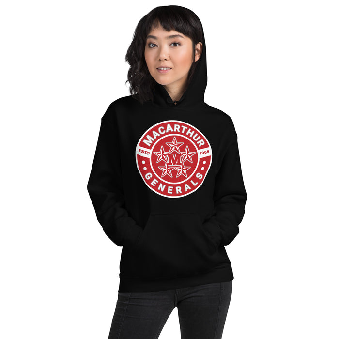 Woman wearing MacArthur High School Generals Black Classic Unisex Hoodie 239