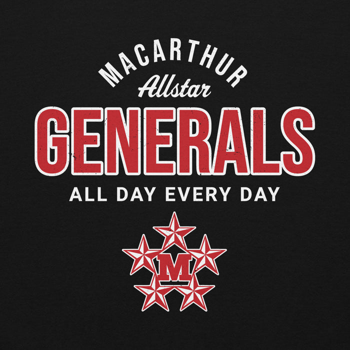 Close-up view of MacArthur High School Generals Black Classic Unisex Hoodie 040