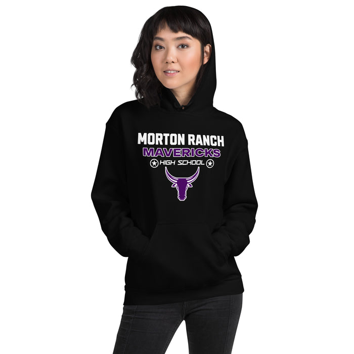 Woman wearing Morton Ranch High School Mavericks Black Classic Unisex Hoodie 003