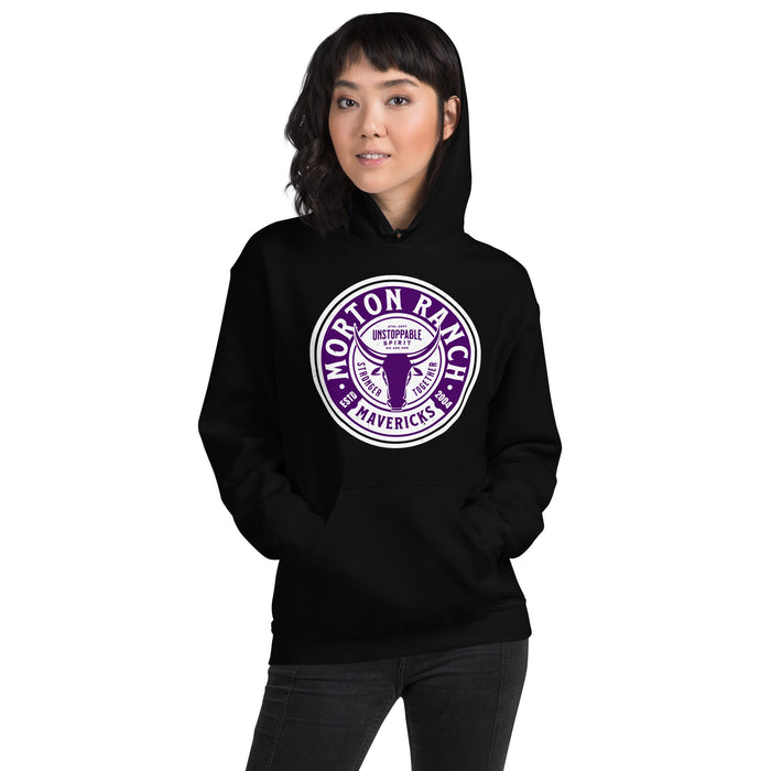 Woman wearing Morton Ranch High School Mavericks Black Classic Unisex Hoodie 220