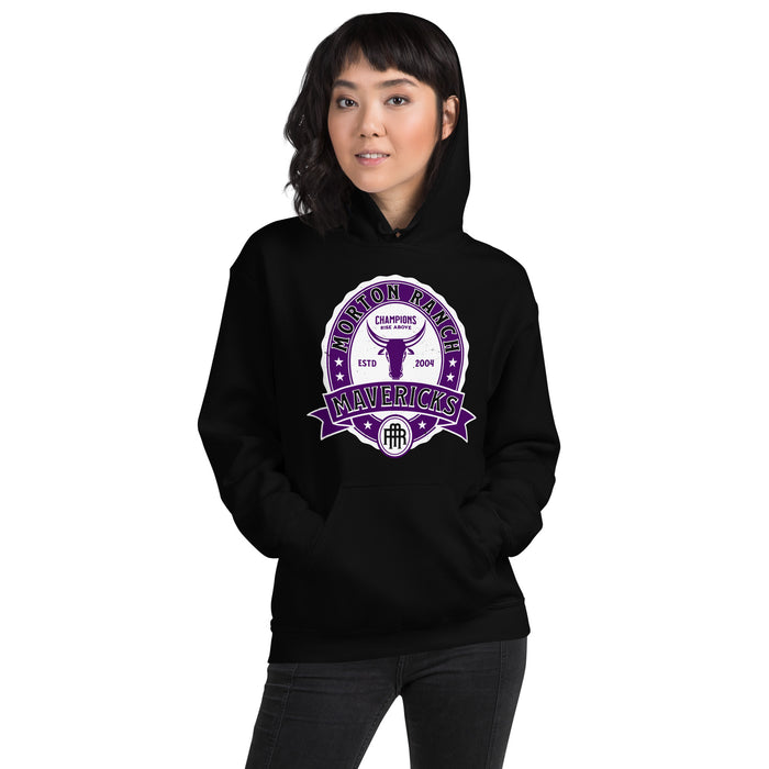 Woman wearing Morton Ranch High School Mavericks Black Classic Unisex Hoodie 212