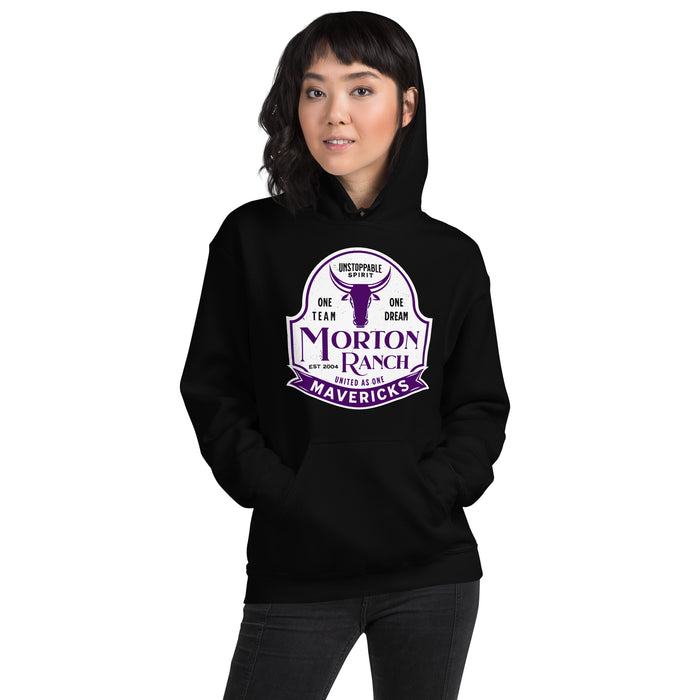 Woman wearing Morton Ranch High School Mavericks Black Classic Unisex Hoodie 219