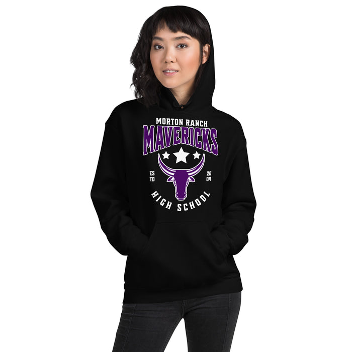 Woman wearing Morton Ranch High School Mavericks Black Classic Unisex Hoodie 213