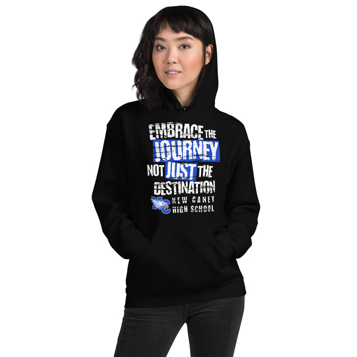 Woman wearing New Caney High School Eagles Black Classic Unisex Hoodie 232