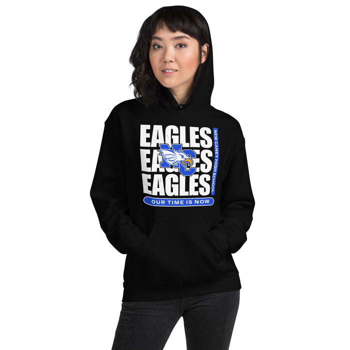 Woman wearing New Caney High School Eagles Black Classic Unisex Hoodie 235