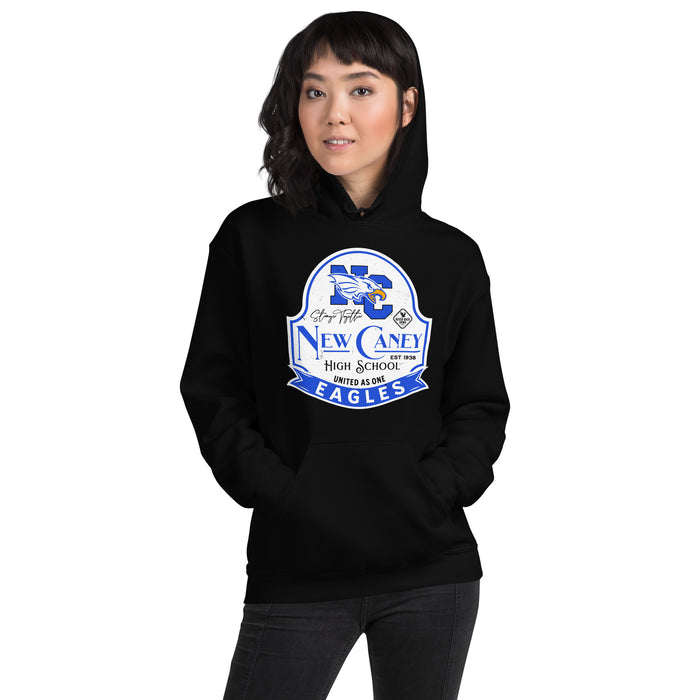 Woman wearing New Caney High School Eagles Black Classic Unisex Hoodie 219