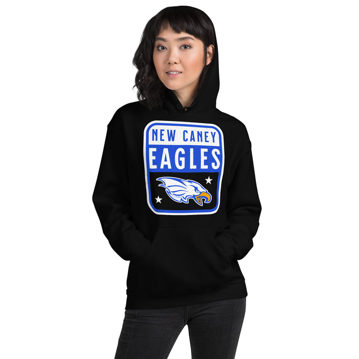 Woman wearing New Caney High School Eagles Black Classic Unisex Hoodie 001