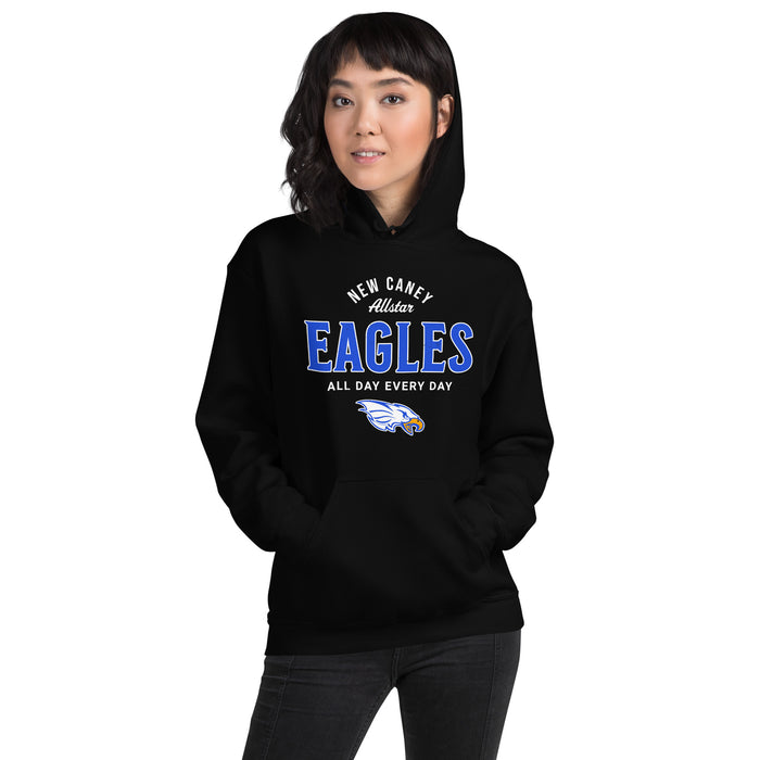 Woman wearing New Caney High School Eagles Black Classic Unisex Hoodie 040