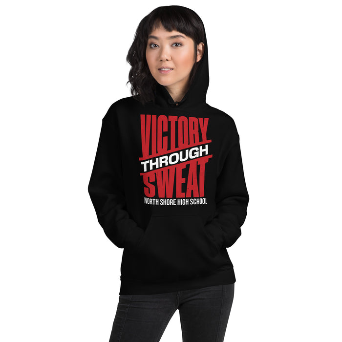 Woman wearing North Shore High School Mustangs Black Classic Unisex Hoodie 241