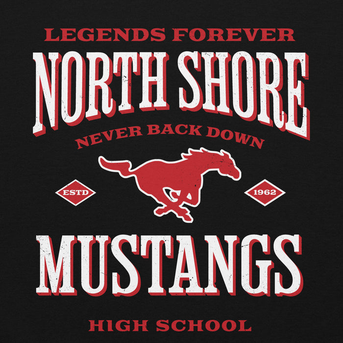 Close-up view of North Shore High School Mustangs Black Classic Unisex Hoodie 230