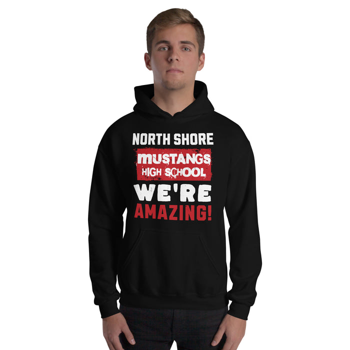 Man wearing North Shore High School Mustangs Black Classic Unisex Hoodie 231