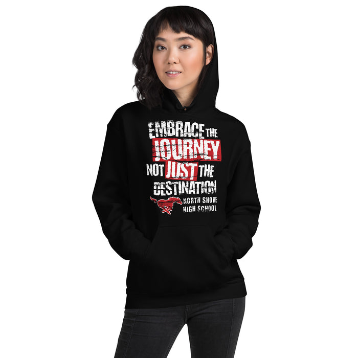 Woman wearing North Shore High School Mustangs Black Classic Unisex Hoodie 232