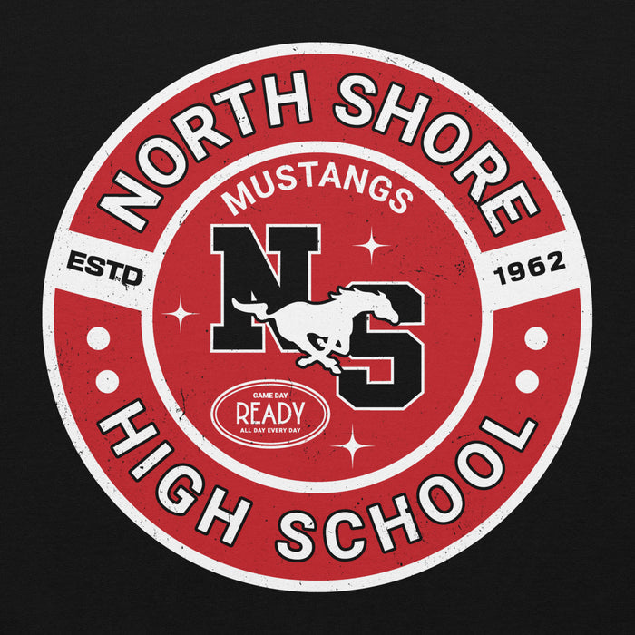 Close-up view of North Shore High School Mustangs Black Classic Unisex Hoodie 239