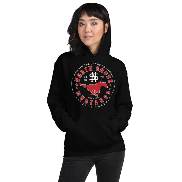 Woman wearing North Shore High School Mustangs Black Classic Unisex Hoodie 214