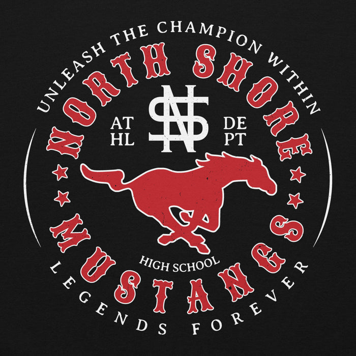 Close-up view of North Shore High School Mustangs Black Classic Unisex Hoodie 214