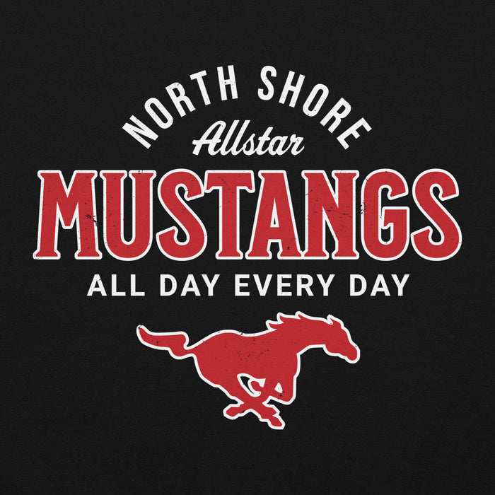 Close-up view of North Shore High School Mustangs Black Classic Unisex Hoodie 040