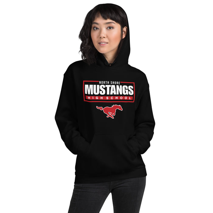 Woman wearing North Shore High School Mustangs Black Classic Unisex Hoodie 049