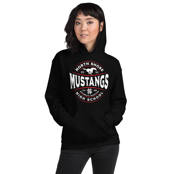 Woman wearing North Shore High School Mustangs Black Classic Unisex Hoodie 218