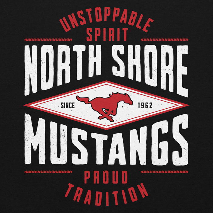 Close-up view of North Shore High School Mustangs Black Classic Unisex Hoodie 210