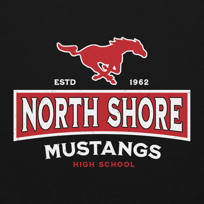 Close-up view of North Shore High School Mustangs Black Classic Unisex Hoodie 202