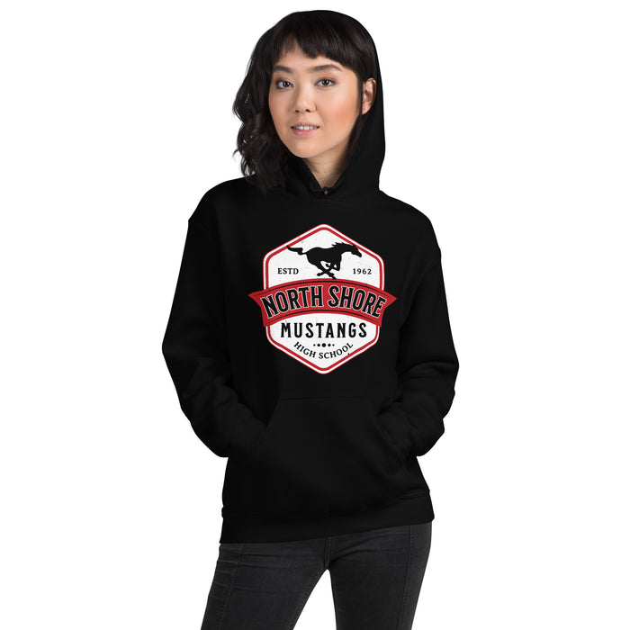 Woman wearing North Shore High School Mustangs Black Classic Unisex Hoodie 209