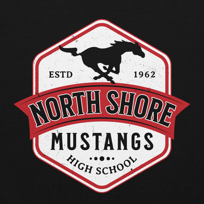 Close-up view of North Shore High School Mustangs Black Classic Unisex Hoodie 209