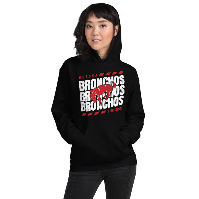 Woman wearing Odessa High School Bronchos Black Classic Unisex Hoodie 223