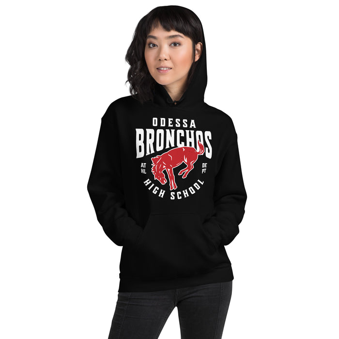 Woman wearing Odessa High School Bronchos Black Classic Unisex Hoodie 213