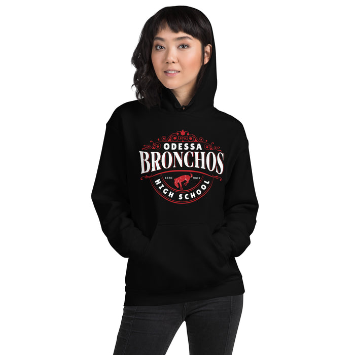 Woman wearing Odessa High School Bronchos Black Classic Unisex Hoodie 211