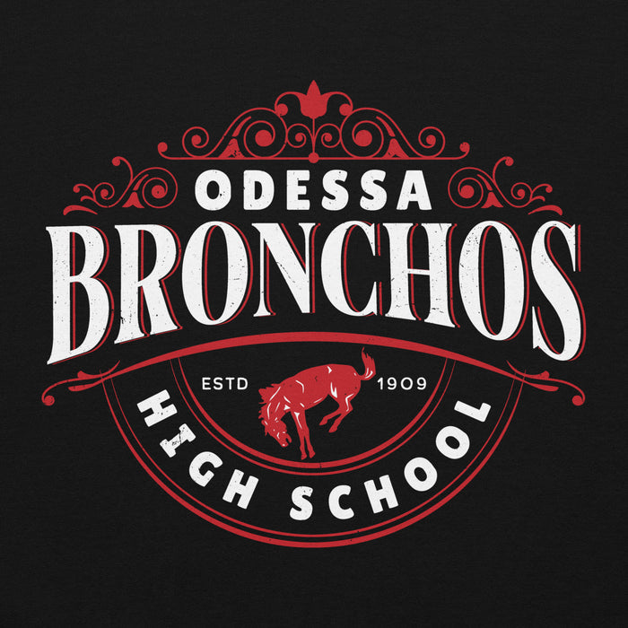 Close-up view of Odessa High School Bronchos Black Classic Unisex Hoodie 211