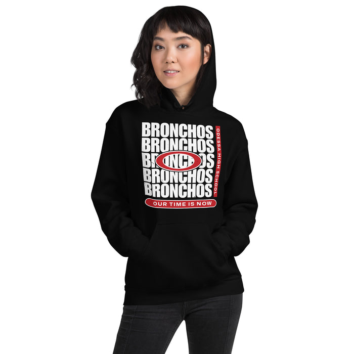 Woman wearing Odessa High School Bronchos Black Classic Unisex Hoodie 235